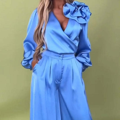 🌸NEW HOT SALE✨Women’s V-Neck Top & Wide-Leg Pants 2-Piece Set – Chic & Comfortable! 🌸