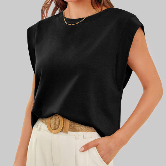 Solid Color Round Neck Cap Sleeve Top（Buy 2 Free Shipping)