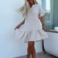 💖Women's Floral Trim Short Sleeve Solid Color Short Dresses（The more you buy, the higher the discount）