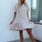 💖Women's Floral Trim Short Sleeve Solid Color Short Dresses（The more you buy, the higher the discount）