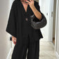 Women's V-Neck Top & Wide-Leg Pants Solid Color 2-Piece Set