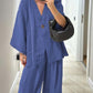 Women's V-Neck Top & Wide-Leg Pants Solid Color 2-Piece Set