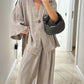 Women's V-Neck Top & Wide-Leg Pants Solid Color 2-Piece Set